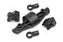 A set of black plastic RC sway bar mount components for HPI Savage, including a central brace, two side mounts, and two ball ends.