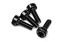 Four black metal cap head screws with star-shaped drive sockets arranged on a white background.