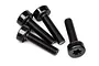 A set of four black metal cap head screws with a star-shaped drive, arranged on a white background.
