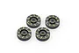 Four HPI Racing brass 7mm hex hub weights arranged on a white background.