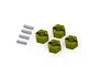Four brass-colored hexagonal wheel hex hubs and four small metal pins arranged on a white background.
