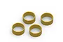 Four circular brass wheel weights for RC cars arranged on a white background.