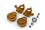 HPI Racing orange anodized aluminium portal steering spindle set with included bearings and mounting hardware on a white background.