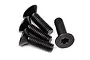 A close-up view of four black metal countersunk screws with star-shaped drive heads, arranged on a white background.