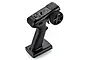 A black UDI RC pistol-grip transmitter for RC boats, featuring a steering wheel, throttle trigger, and various adjustment switches.