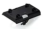 A black plastic battery holder component for an RC boat, featuring mounting clips and a rectangular base.