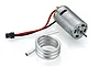 A silver brushed RC boat motor with red and black wires and a coiled metal water cooling tube.