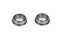 Two flanged metal shielded ball bearings shown side by side on a white background.