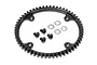 HPI Racing 57T steel spur gear with four black mounting screws and four star washers on a white background.