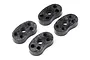 Four black rubber spur gear damper bushes for HPI RC cars arranged on a white background.
