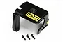 A black plastic HPI petrol engine cylinder heat guard with a yellow warning sticker and three mounting screws on a white background.