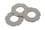 Three grey circular slipper clutch pads with notched edges arranged in a cluster on a white background.