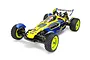 A Tamiya Super Avante 1/10 scale RC buggy in yellow and blue, featuring a clear cockpit, knobby off-road tires, and a rear wing with text.