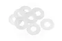 A small pile of eight translucent white plastic cartridge washers on a plain white background.