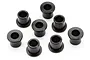 Eight small black flanged metal bushings arranged on a white background.