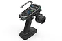 FlySky FS-G11P 11-channel RC transmitter with a digital screen and steering wheel, shown from a high angle against a white background.