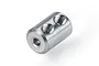 A silver metal motor shaft coupler with two threaded holes for set screws, isolated on a white background.