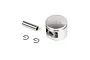 A Rovan 45cc RC engine piston set including a metal piston, wrist pin, and two wire circlips on a white background.