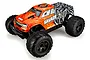 HPI Savage XS Flux 1/12 scale RC monster truck in orange and black with aggressive tread tires on a white background.