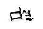 A black aluminium LCG motor mount for RC cars by Yeah Racing, including small mounting brackets, screws, and a nut on a white background.