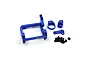 Yeah Racing dark blue aluminium LCG motor mount kit with screws and small components on a white background.
