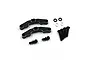 Yeah Racing black aluminium upper suspension arm mounts with included screws, ball studs, and washers on a white background.