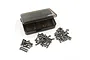 A Yeah Racing titanium screw set featuring various sizes of metal screws arranged in three piles next to a dark translucent plastic storage box.
