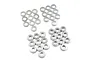 A collection of silver aluminium RC washers of varying thicknesses arranged in four groups on a white background.