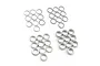 A set of 40 silver aluminium RC washers and spacers of varying thicknesses arranged in four groups on a white background.