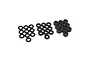 A set of 30 black aluminium RC washers in three different thicknesses arranged on a white background.