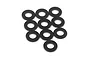A group of ten small, black, circular aluminium washers arranged on a white background.