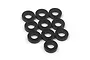 A collection of ten small, black circular aluminium washers arranged on a plain white background.