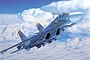 An artistic illustration of a Russian Su-33 Sea Flanker fighter jet in flight against a blue sky with white clouds.
