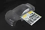 A clear, unpainted 1/5 scale Rovan A5 rally RC car body shell with a decal sheet and small hardware components on a black background.