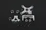 Rovan complete clutch mount set including silver metal mounts, four ball bearings, and four black screws on a black background.