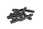 Two black plastic RC rear lower suspension arms with attached ball joints on a white background.