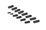 A set of various sized black plastic RC rod ends arranged on a white background.