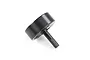 A black steel RC clutch bell with a central drive shaft, isolated on a white background.
