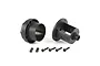 Rovan differential case parts including two black plastic housing halves, four screws, and four lock nuts on a white background.
