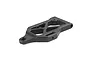 A black plastic RC car front lower suspension arm shown from a high angle against a white background.