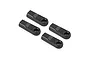 Four black plastic RC rod ends arranged in a group against a white background.