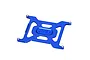 A blue anodized aluminium battery holder plate by GPM Racing, featuring a cutout design and four threaded mounting points.