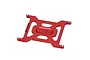 A red anodized aluminium GPM battery holder plate for RC vehicles, featuring a central GPM logo and four mounting points.