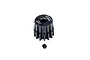 A black 14T pinion gear by GPM Racing with a small grub screw placed below it on a white background.