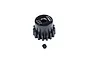 A black GPM Racing 15T pinion gear with a small grub screw positioned below it against a white background.