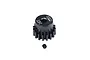 A black GPM Racing 16T pinion gear with a small grub screw placed below it on a white background.