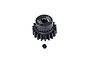 A black 18T pinion gear by GPM Racing with a small grub screw placed below it on a white background.
