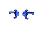 A pair of blue anodized aluminium front steering hubs for RC cars by GPM Racing, marked with L and R for left and right sides.
