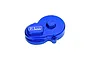 A blue anodized aluminium main gear cover for an RC car by GPM Racing, featuring a laser-etched logo.