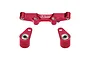 A red anodized aluminium steering bell crank and drag link assembly by GPM Racing, featuring a central bar and two side arms with pre-installed bearings.